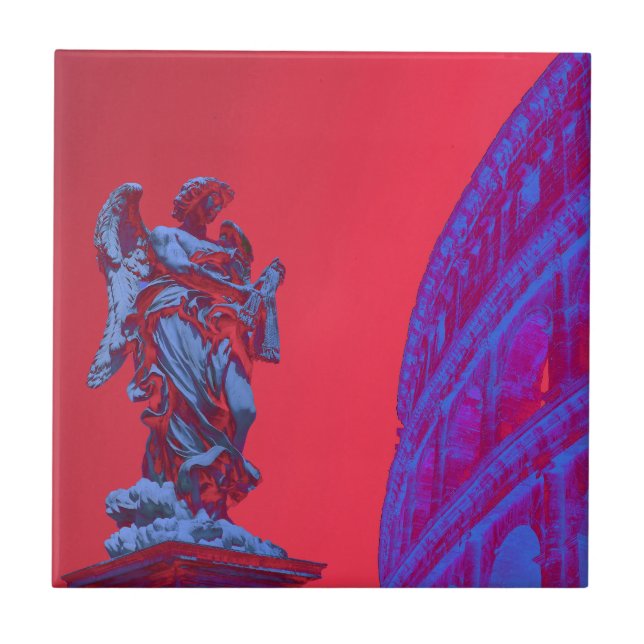 Carreau Art numérique rouge, bleu du Colisée et statue (Devant)