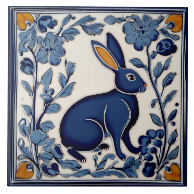 Carreau Art populaire bleu et blanc lapin (Devant)
