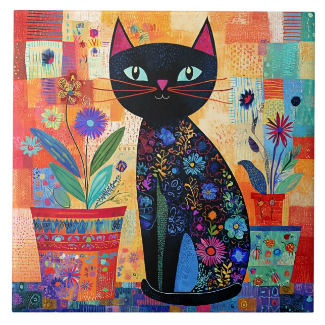Carreau Art populaire de chat noir (Devant)