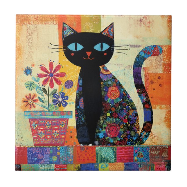 Carreau Art populaire de chat noir (Devant)