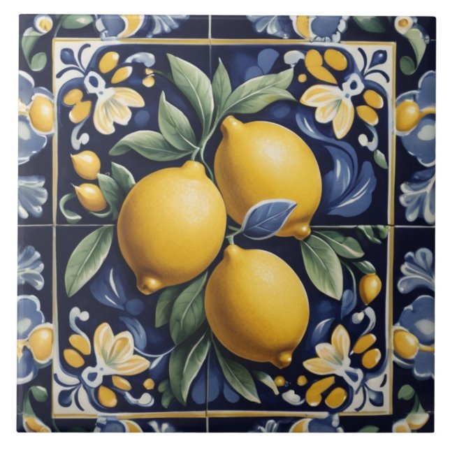 Carreau Art populaire italien au citron bleu foncé (Devant)