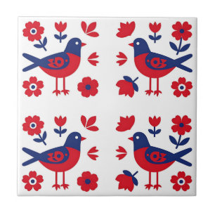 Carreau Art populaire motif floral oiseau rouge bleu
