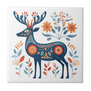 Carreau Art populaire scandinave Blue Antler Deer