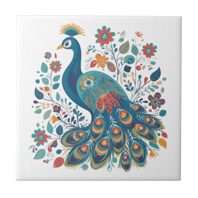Carreau Art populaire scandinave de Boho Peacock (Devant)