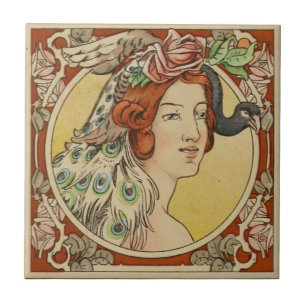 Carreau Art rouge Nouveau de femme française vintage