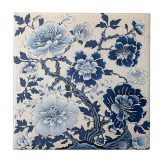 Carreau Art traditionnel de la fleur à l'encre bleue de Ch