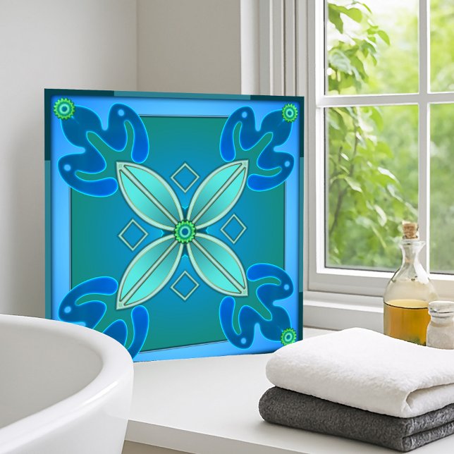 Carreau Art Turquoise Floral Design Salle de bain Carrelag (Modern geometric floral design tile for bathroom or kitchen in teal and blue green)