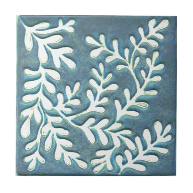 Carreau Artiste Carrelage céramique, feuille bleu et blanc (Devant)