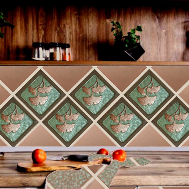 Carreau Artiste Gingko Leaf Carrelage céramique (Gingko tile shown on a kitchen backsplash installed diagonally.)