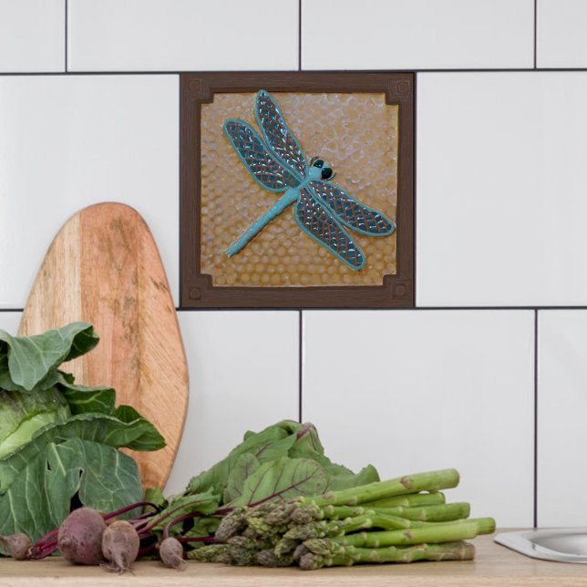 Carreau Artiste Tuile céramique avec libellule (Dragonfly tile  in ocher and turquoise for kitchen bath or fireplace.)