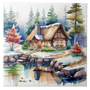Carreau Artwork d'aquarelle d'un chalet dans les bois