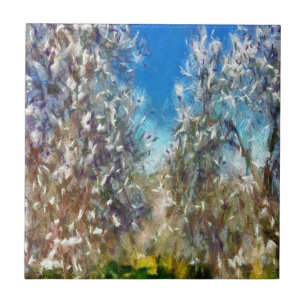 Carreau Artwork de Pointillisme d'amandiers en fleurs prin