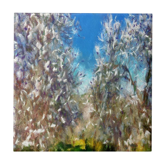 Carreau Artwork de Pointillisme d'amandiers en fleurs prin (Devant)