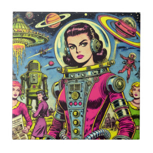 Carreau Astronaut Femme Vintage de BD Sci-Fi