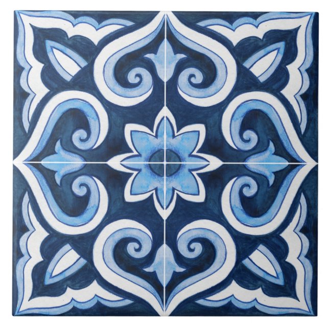 Carreau Authentique marocain bleu et blanc fait main (Devant)