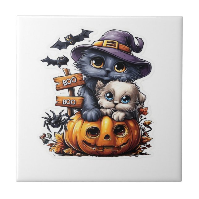 Carreau Autocollant de chat Halloween mignon � Chapeau de  (Devant)