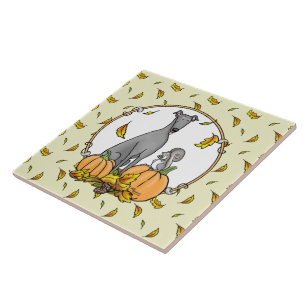 Carreau Automne Greyhound (gris) Chien Citrouille Feuilles