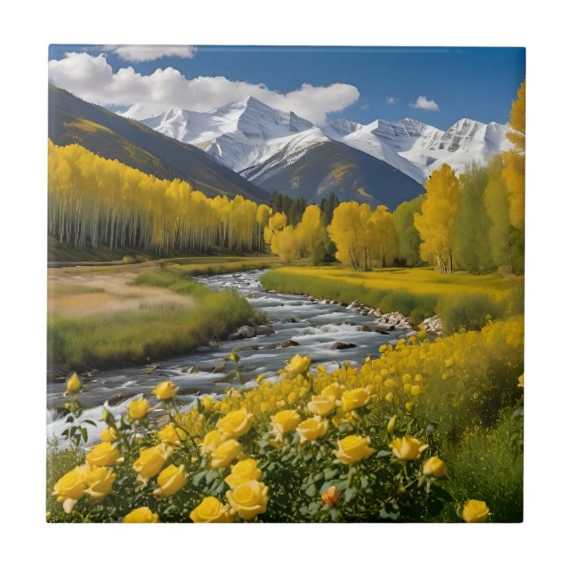 Carreau Automne Jaune Montagnes neigeuses Aspen River (Devant)