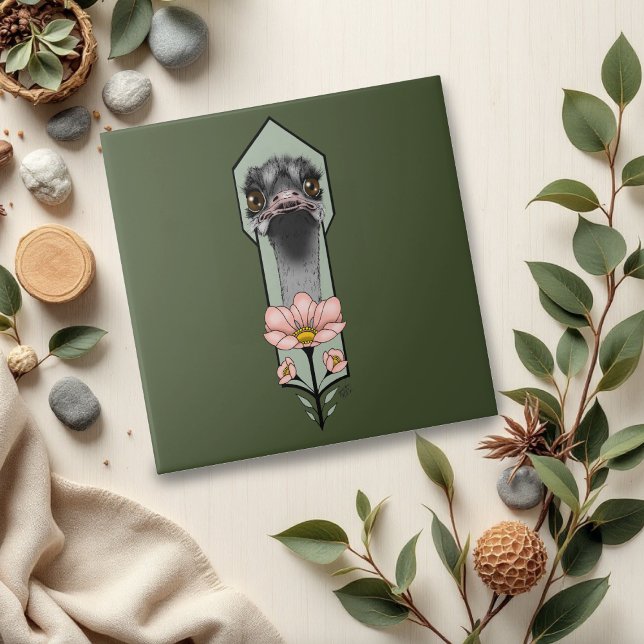 Carreau Autruche Rose Fleurs Vert Olive Art Déco (Créateur téléchargé)