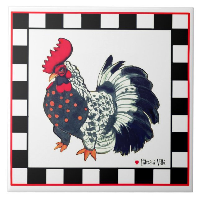 Carreau avec art de coq à carreaux noir et blanc (Devant)