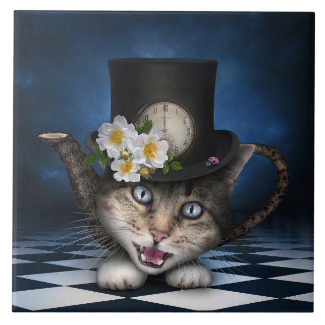 Carreau Awesome Mad Hatter Teapot Chat Conception Whimsica (Devant)