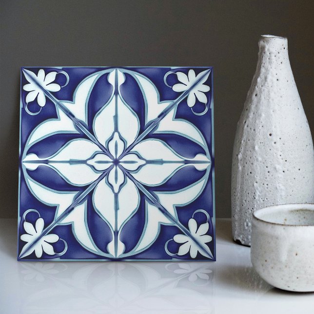 Carreau Azulejo bleu et blanc symétrique floral (Créateur téléchargé)