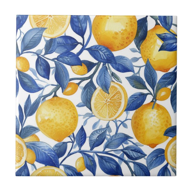 Carreau Azulejo Lemons Motif Feuille bleu (Devant)
