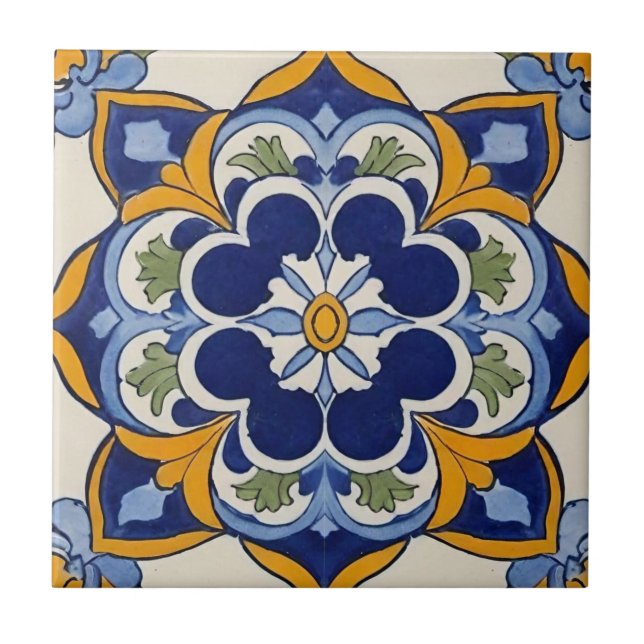 Carreau Azulejo mosaïque bleue jaune et verte vintage (Devant)