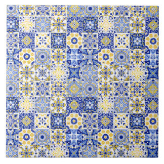 Carreau Azulejo Portugais Majolique Mosaïque Bleue Et Jaun