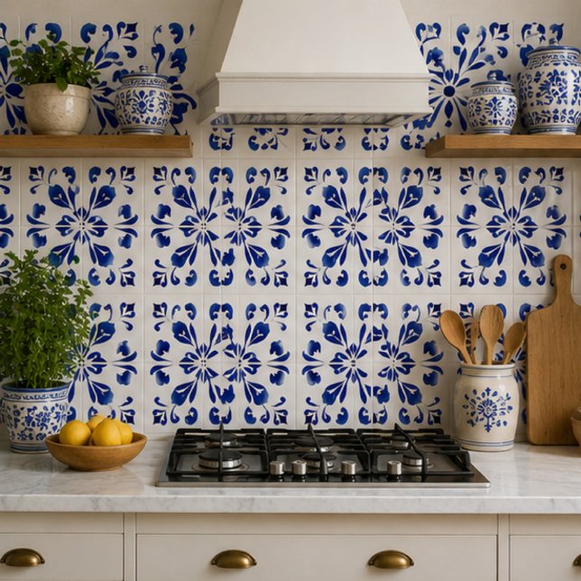 Carreau Azure Arabesque Floral Geometry Elegant Coastal (Créateur téléchargé)