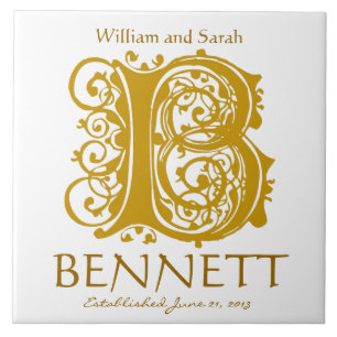 Carreau B Monogramme or sur blanc - Noms Mariage Date Tile