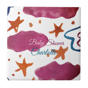 Carreau Baby shower nuages rose bleu ajouter nom aquarelle