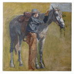 Carreau Badlands américaines : Cow-boy du Far West avec ch<br><div class="desc">Le soleil tapait sans pitié sur le paysage aride, jetant de longues ombres dansantes sur la terre desséchée. Une silhouette solitaire, un cow-boy au visage buriné et au regard d'acier, chevauchait un puissant étalon à travers l'étendue désolée. Il s'appelait Silas, un homme peu loquace et encore moins émotif, forgé par...</div>