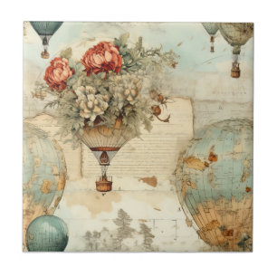 Carreau Ballon à air chaud aux pivoines anciennes carte an
