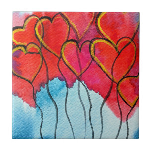 Carreau Ballons de coeur rouge Valentine aquarelle