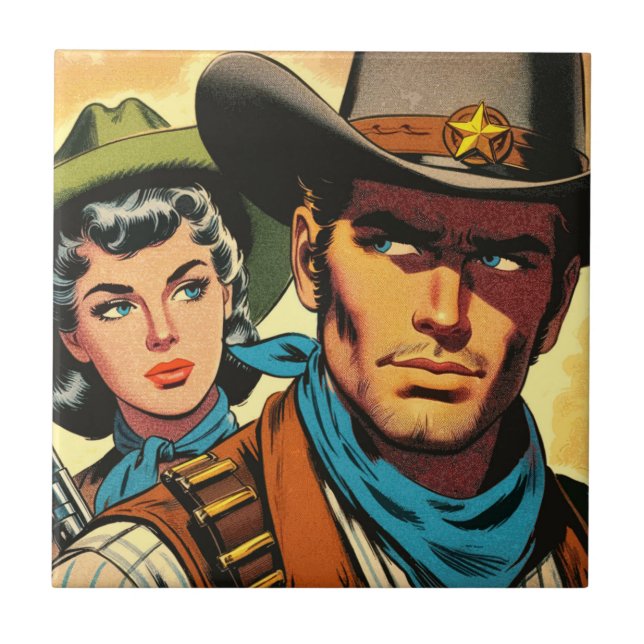 Carreau Bande dessinée rétro Cowboy/Cowgirl (Devant)