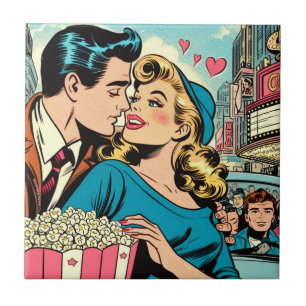 Carreau Bandes dessinées rétro de couple d'amour de la Sai
