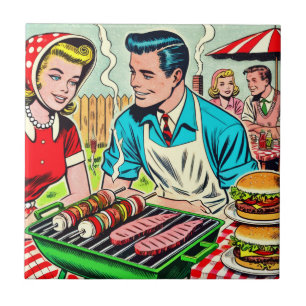 Carreau Bandes dessinées vintage Barbecue Couple