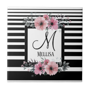 Carreau Bandes noires et blanches Monogramme floral rose
