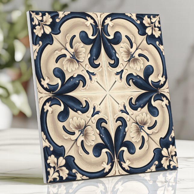 Carreau Baroque Bleu et Ivoire Élégant (Créateur téléchargé)