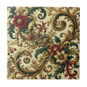 Carreau Baroque motif floral avec or, rouge, vert A