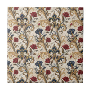 Carreau Baroque Or Fleur-de-Lis & Roses Motif Floral Damas