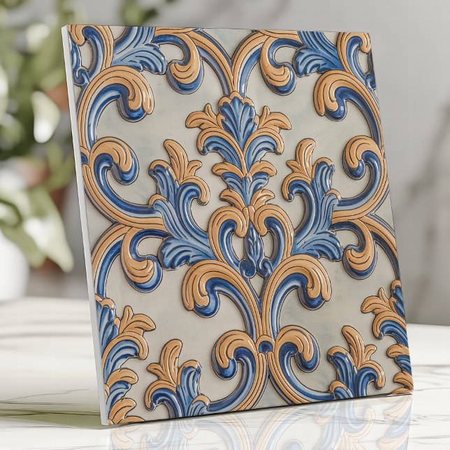 Carreau Baroque Volute Damassé Bleu Or Style Italien (Créateur téléchargé)
