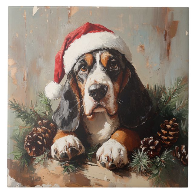 Carreau Basset Hound dans une peinture à l'huile de chapea (Devant)