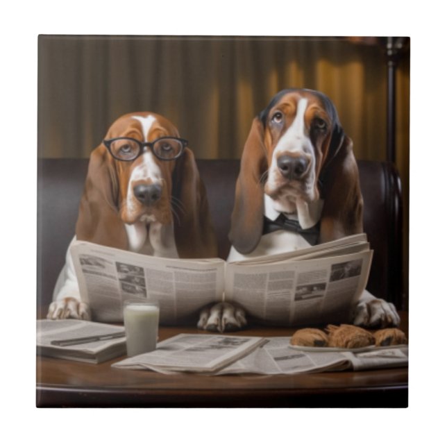 Carreau Bassets mignons lisant le journal (Devant)
