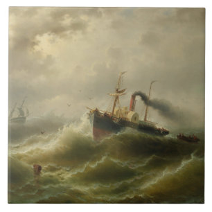 Carreau Bateau à vapeur dans une tempête sur la mer du Nor