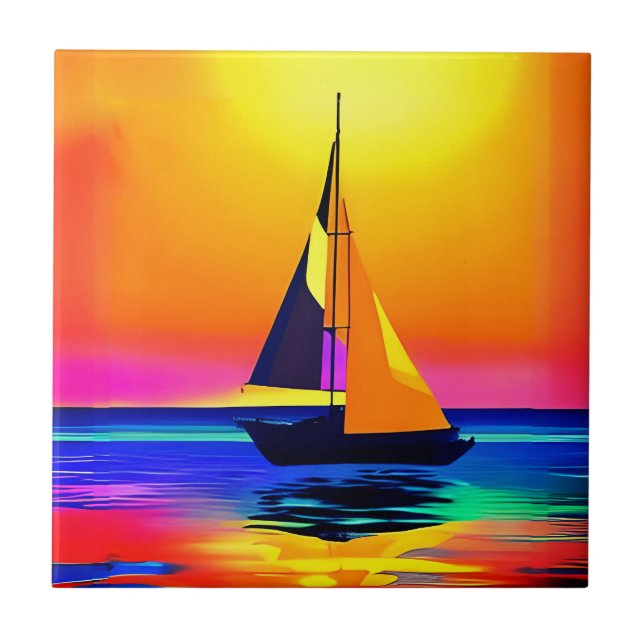 Carreau Bateau à voile contre un coucher de soleil sur l'o (Devant)