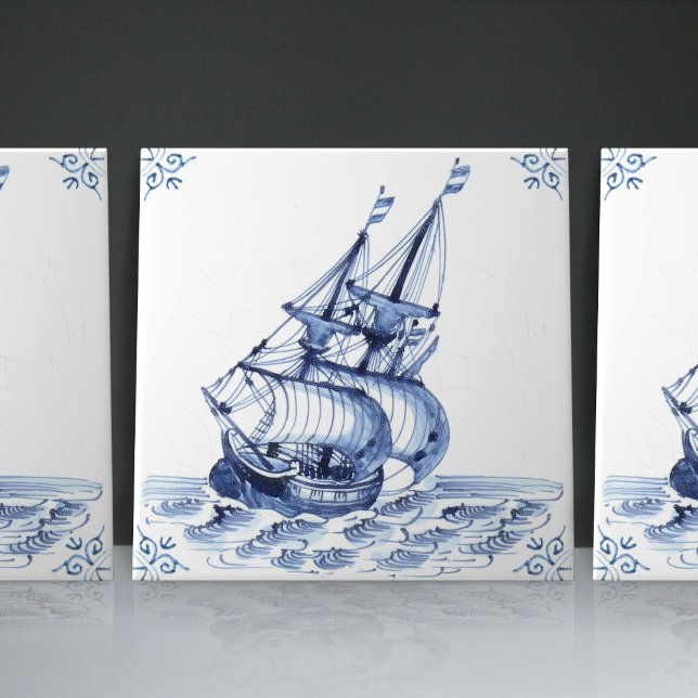 Carreau Bateau à voile Delft Blue Dutch Style Frigate Scho (Créateur téléchargé)