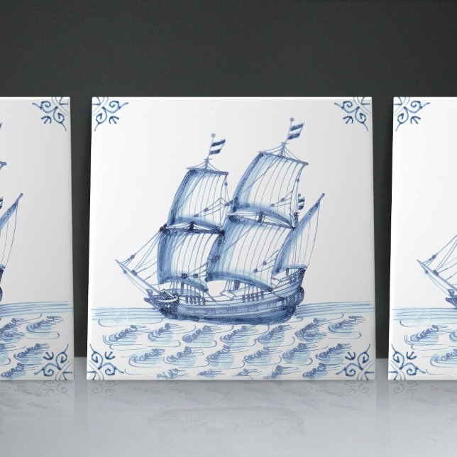 Carreau Bateau à voile Delft Blue Dutch Style Frigate Scho (Créateur téléchargé)
