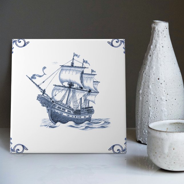 Carreau Bateau à voile Delft Blue Dutch Style Frigate Scho (Créateur téléchargé)
